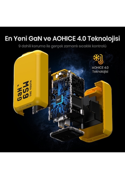 Aohi Youth 3 Portlu Şarj Adaptörü,65w Şarj Cihazı, Gan Hızlı Şarj İstasyonu, Sarı