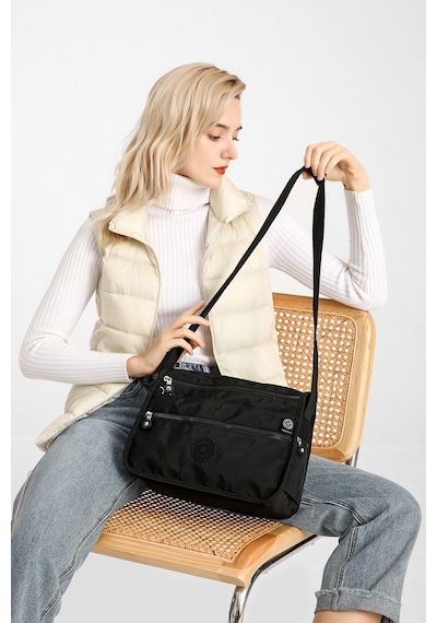 Smart Bags Çok Cepli Günlük Orta Boy Su Geçirmez Krınkıl Kumaş Kadın Omuz Çantası Puantiye Siyah