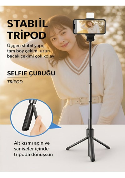 Bluetooth Kumandalı Tripod Telefon Tutuculu Selfie Çubuğu Telefon, Kamera, Lamba, Yayın Standı