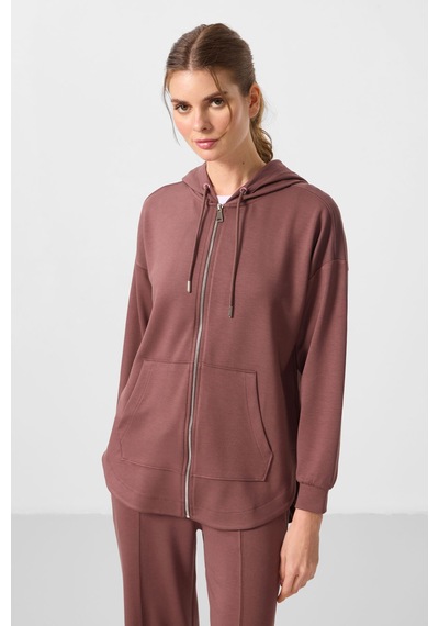 Tommylıfe Kahverengi Yumuşak Dokulu Kapüşonlu Oversize Kadın Tunik Sweatshirt - 97302