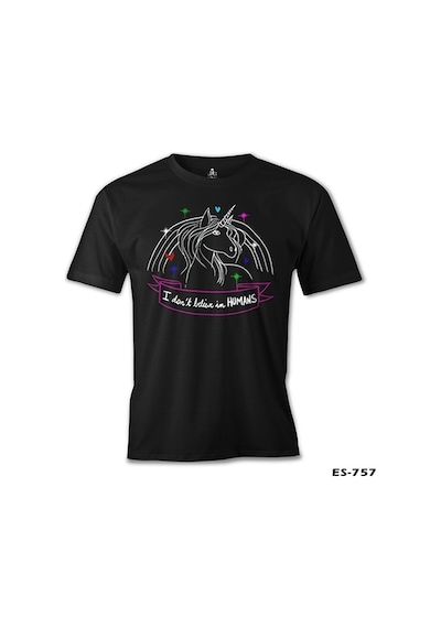 Unicorn I Don't Believe İn Humans Baskılı Siyah Erkek Tshirt 001