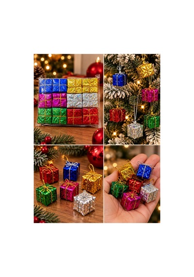 Yeni Yıla Özel 24 Parça Mini Yılbaşı Noel Çam Ağacı Hediye Paketi Süsü Karışık Renkli 24'lü Set 3 Cm Diğer