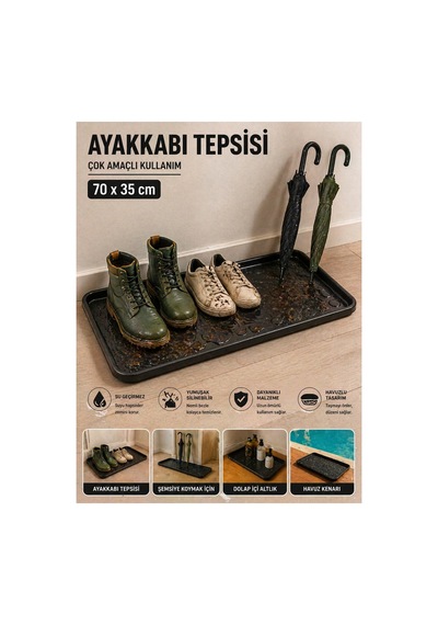 Çok Amaçlı Havuzlu Mat 70x35 Cm Ayakkabı Tepsisi Şemsiye Altlığı Dolap İçi Organizer Su Geçirmez Siyah