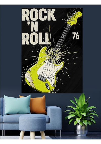 Ahşap Tablo Neon Yeşil Elektrogitar Rock'n Roll Afişi