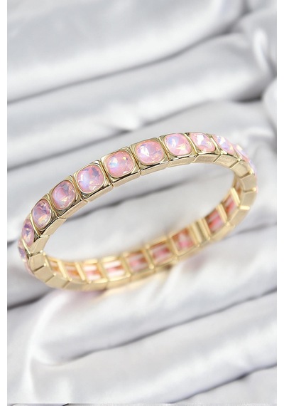 Pirinç Pembe Zirkon Taşlı Kare Model Gold Renk Lastikli Kadın Bileklik Çok Renkli