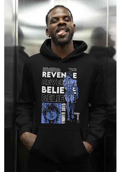 Sevbano Özel Tasarım Baki Hanma Revenge Believe Baskılı Unisex Oversize B Siyah