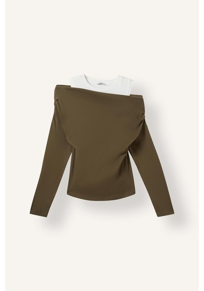 Defacto %100 Pamuk Slim Fit Tek Omuzlu Drape Detaylı Ribana Uzun Kollu Basic Tişört I2636ax26aukh447 Haki-kh447