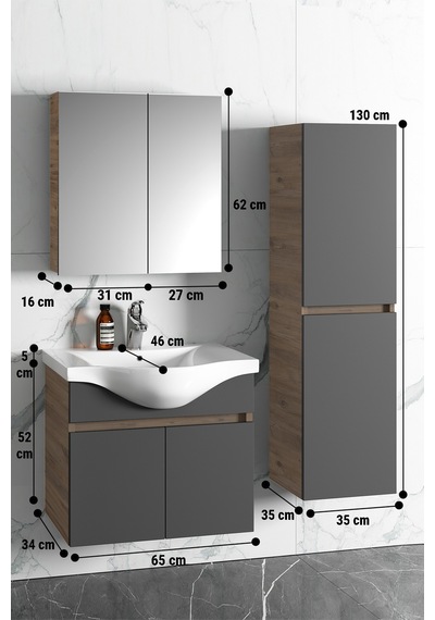 Yıldız 65+35 Cm Atlantik Çam-Antrasit Gri Mat Mdf Seramik Lavabol Antrasit - Atlantik Çam