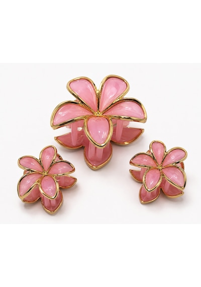 Pembe Çiçek Desenli 3'lü Toka Seti 1 Büyük 2 Küçük Gold Detaylı Mandal Saç Tokası