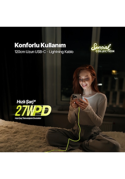 Ttec USB-C - Lightning Hızlı Şarj Kablosu 120 CM Neon Sarı