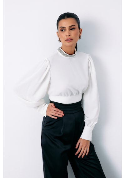 Sateen Yaka Aksesuarlı Bluz - Ekru-135192 Ekru