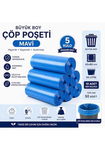 Büyük Boy Mavi Çöp Poşeti 65x80 Cm 50 Litre 5 Rulo X 10 Adet Toplam 50 Adet Dayanıklı Sızdırmaz Çöp Torbası