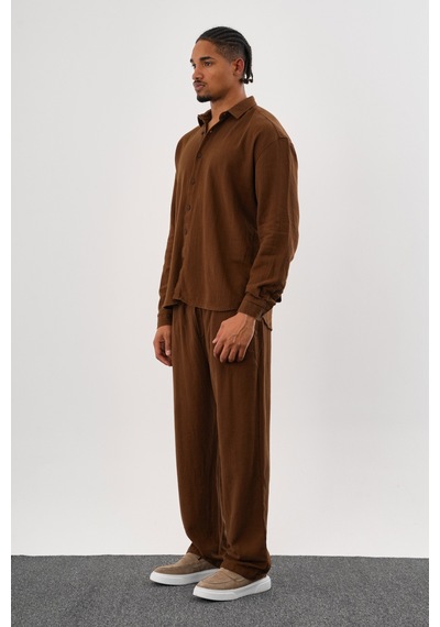 Flare Kışlık Baggy Pantolon Oversize Gömlek Alt Üst Takım %100 Pamuk Kahve