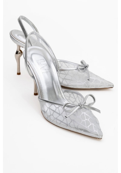 Luvishoes Luvi Shoes Peony Gümüş Fileli Fiyonklu Sivri Burun Kadın Topuklu Ayakkabı Gümüş