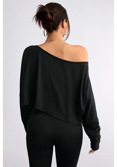 Kadın Düşük Omuz Kayık Yaka Oversize Uzun Kollu Crop T-shirt Siyah