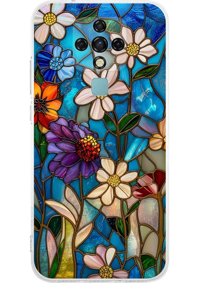 Printify Tecno Camon 16 İle Uyumlu Vitray Mavi Bahar Tasarımlı Şeffaf Silikon Kılıf Şeffaf