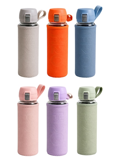 H2o Pastel Renk Kılıflı Kilit Kapaklı 500 Ml Cam Matara Sızdırmaz Ofis Ve Spor İçin Koruyucu Kılıflı Cam Suluk Turuncu