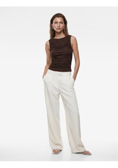 Koton Skinny Fit Bisiklet Yaka Drapeli Kolsuz Tül Bluz Kahverengi 6sak10413ek Kahve