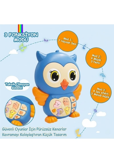 Sevimli Baykuş - Işıklı Sesli Müzikli Eğitici Bebek Oyuncağı Piyanousu 3 Mod & Hayvan Sesli
