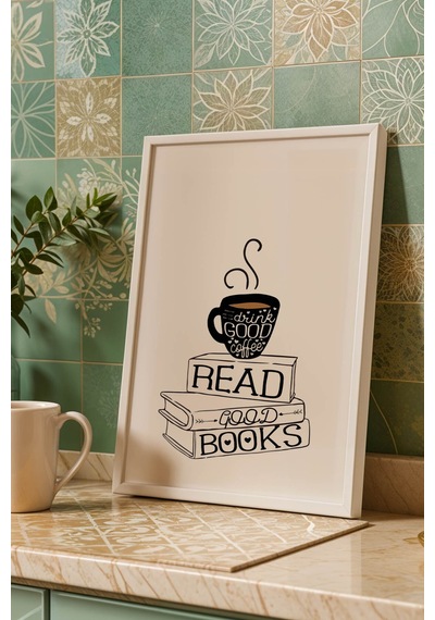 Retro Coffee And Books Tasarım Çerçeveli Tablo - Sanatsal Mutfak Ve Çalışma Odası Duvar Dekoru Beyaz