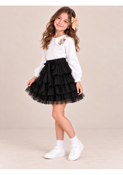 Kokoş Bebe Çiçek Yakalı Bluz Tüllü Etek Tokalı Kız Çocuk Takım - 5/12 Yaş - 31929 Siyah