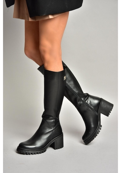 Fox Shoes R654034003 Siyah Gerçek Deri Kalın Topuklu Kadın Çizme Siyah Deri-hakiki Deri Siyah