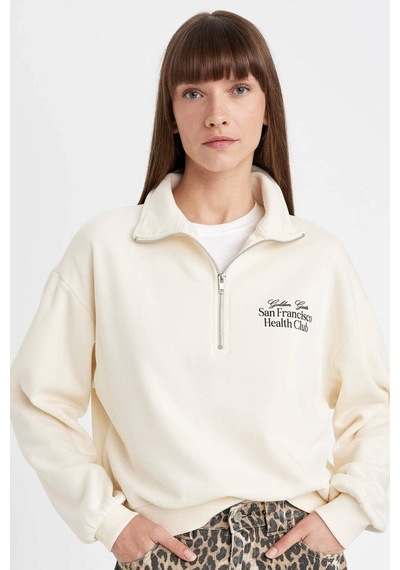 Defacto Regular Fit Baskılı Yarım Fermuarlı Dik Yaka Kalın Sweatshirt D5298AX24AUBG759 Bej