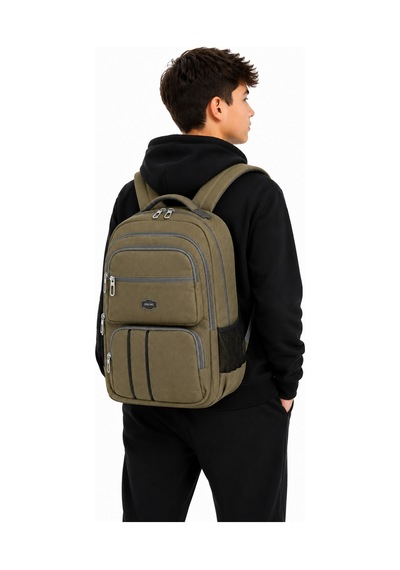 Unisex Kanvas Kumaş Laptop Bölmeli Okul Çantası , Günlük Spor Seyahat Sırt Çantası Haki Yeşil