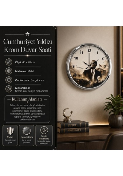 Cumhuriyet Yıldızı Krom 40 X 40 Cm Metal Duvar Saati