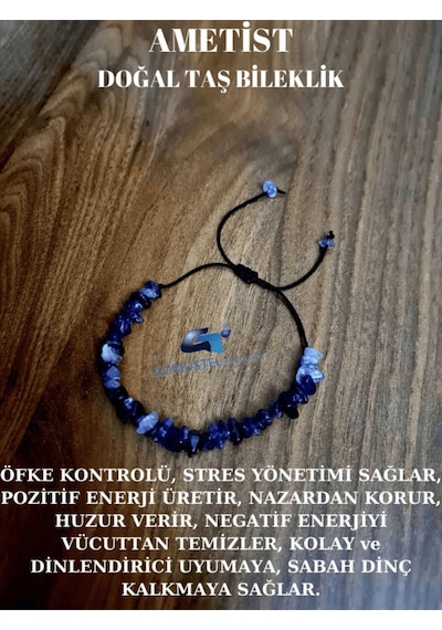 Gümüştel El Sanatları Sertifikalı Doğal Kırık Taş Ametist Taşı Bileklik Asansörlü Kilit Sistemi Mor