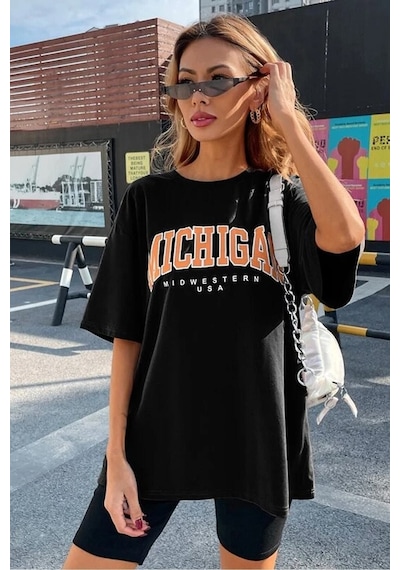 Blackjack Giyim Kadın Siyah Oversize Michigan Baskılı T-shirt Siyah
