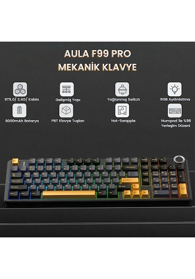 Aula F99 Pro 3 Modlu Rgb Hot Swap Mekanik Star Vector Switch Kablosuz Makrolu Klavye Siyah