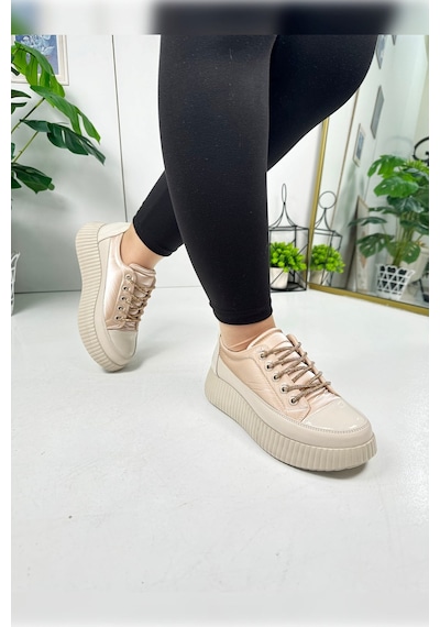 Günlük Kadın Sneaker Taşlı Bağcıklı Tırtıklı Kalın Taban Rugan Oval Burunlu Hafif Spor Ayakkabı 77504 Bej Günlük Kadın Sneaker Taşlı Bağcıklı Tırtıklı Kalın Taban Rugan Oval Burunlu Hafif Spor Ayakkabı 77504 Bej
