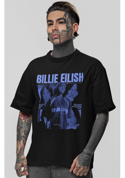 Sevbano Billie Eilish Şarkıcı Baskılı Unisex Oversize Tişört Siyah