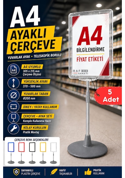 5 Adet - A4 Ayaklı Çerçeve Seti Yuvarlak Tabanlı Teleskopik Fiyat Etiketi Standı Şeffaf