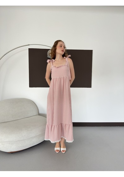 Verymoda Kadın Pötikare Desenli Askı Bağlama Detaylı Maxi Elbise D3108 Pudra