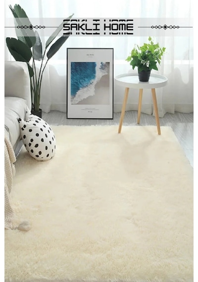 Krem Post Peluş Yumuşak Yıkanabilir Kaymaz Dot Taban Salon Koridor Çocuk Halısı Krem