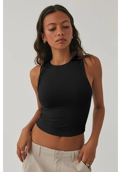 Tarz Cool Kadın Atlet Düz Basic Crop Kolsuz T-shirt Siyah