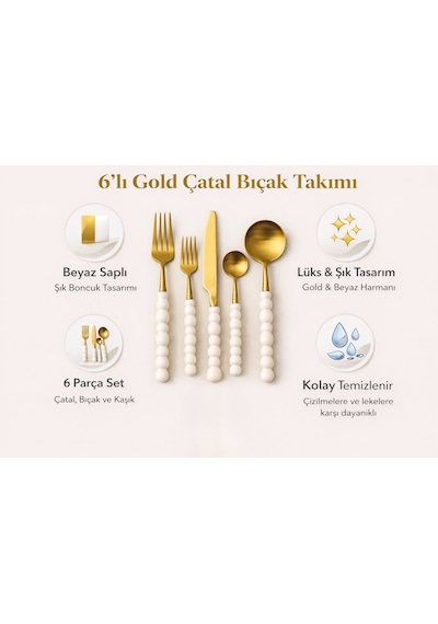 30 Parça Gold İnci Detaylı 6 Kişilik Çatal Kaşık Bıçak Takımı Beyaz -  Altın