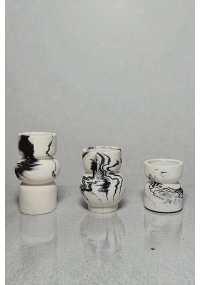 3lü Tealight Mumluk Seti - Dekoratif Beton Mumluk - Mumlar Dahildir Beyaz -  Siyah