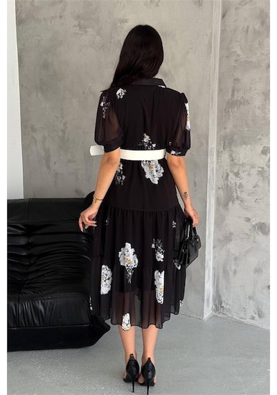 Dip Moda Kadın Kemerli Gömlek Yaka Desenli Şifon Elbise Nbq011 Siyah