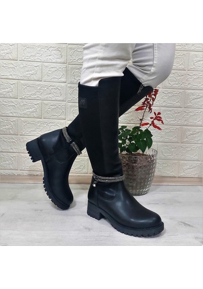 M.p 2753 Siyah Taşlı Ligralı Fermuarlı 45cm Bayan Çizme 001