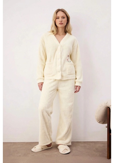 Benerly Kadın V Yaka Uzun Kol Regular Kalıp Wellsoft Örme Pijama Takımı F ekru