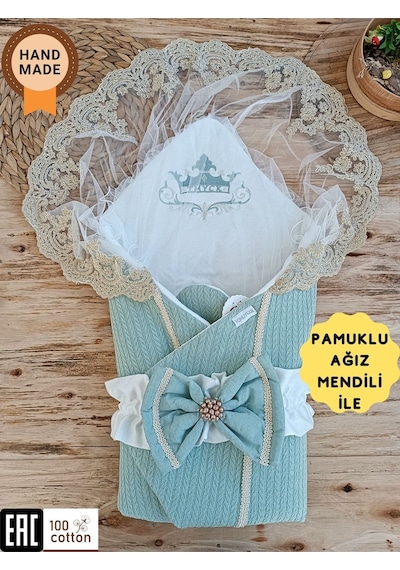 Pembe Triko Örgü Kız Bebek Batttaniyesi Kundağı Kalın Dantelli Yenidoğan Hastane Çıkışı Hediyelik Mint