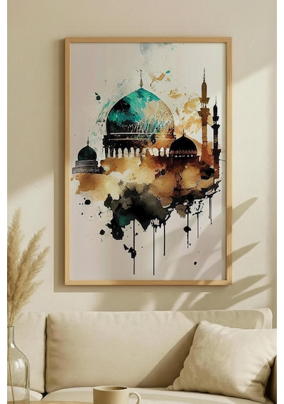 Zümrüt Yeşili Zeminli Altın Desenli Cami Tekli Ahşap Tablo - Siyah Ahşap Çerçeveli Ev Ve İş Tablosu