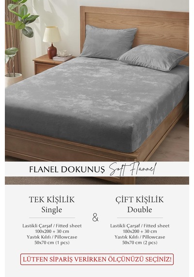 Süper Yumuşak Flanel Kadifemsi Peluş Lastikli Fitted Çarşaf Seti Kaymaz Tek/çift Kişilik Gri