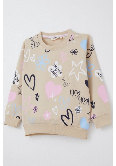 Breeze Kız Çocuk Sweatshirt Sevgi Temalı Desenli 3-8 Yaş, Bej Bej