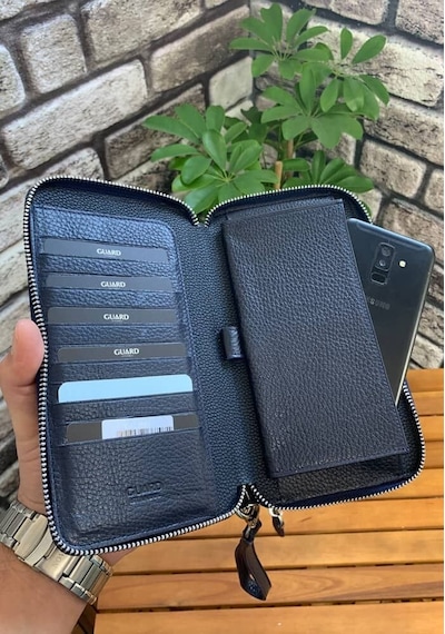 Guard Çift Fermuarlı Lacivert Hakiki Deri El Çantası Erkek / Kadın P3031 Lacivert