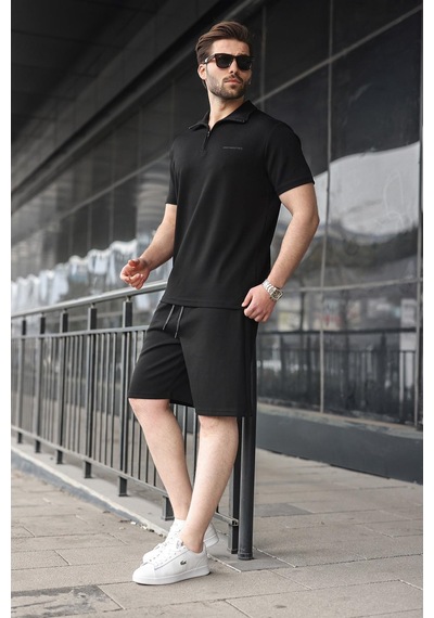 Madmext Siyah Yarım Fermuarlı Polo Yaka T-shirt Şort Takım E7348 Siyah