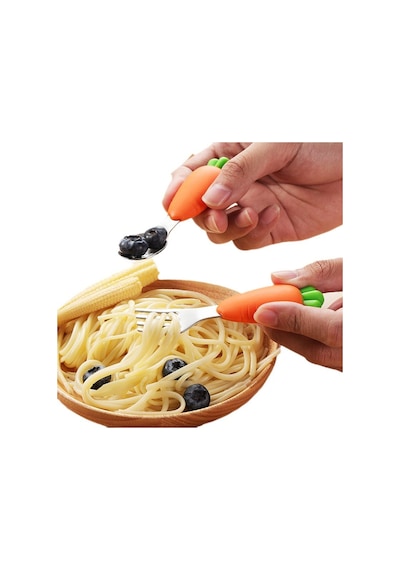 Jojobebek Kaşık Çatal Seti, Ergonomik Kısa Saplı Silikon, Paslanmaz Çelik Uçlu, Saklama Kutulu, (9-24 Ay) (HAVUÇ FİGÜRLÜ)
